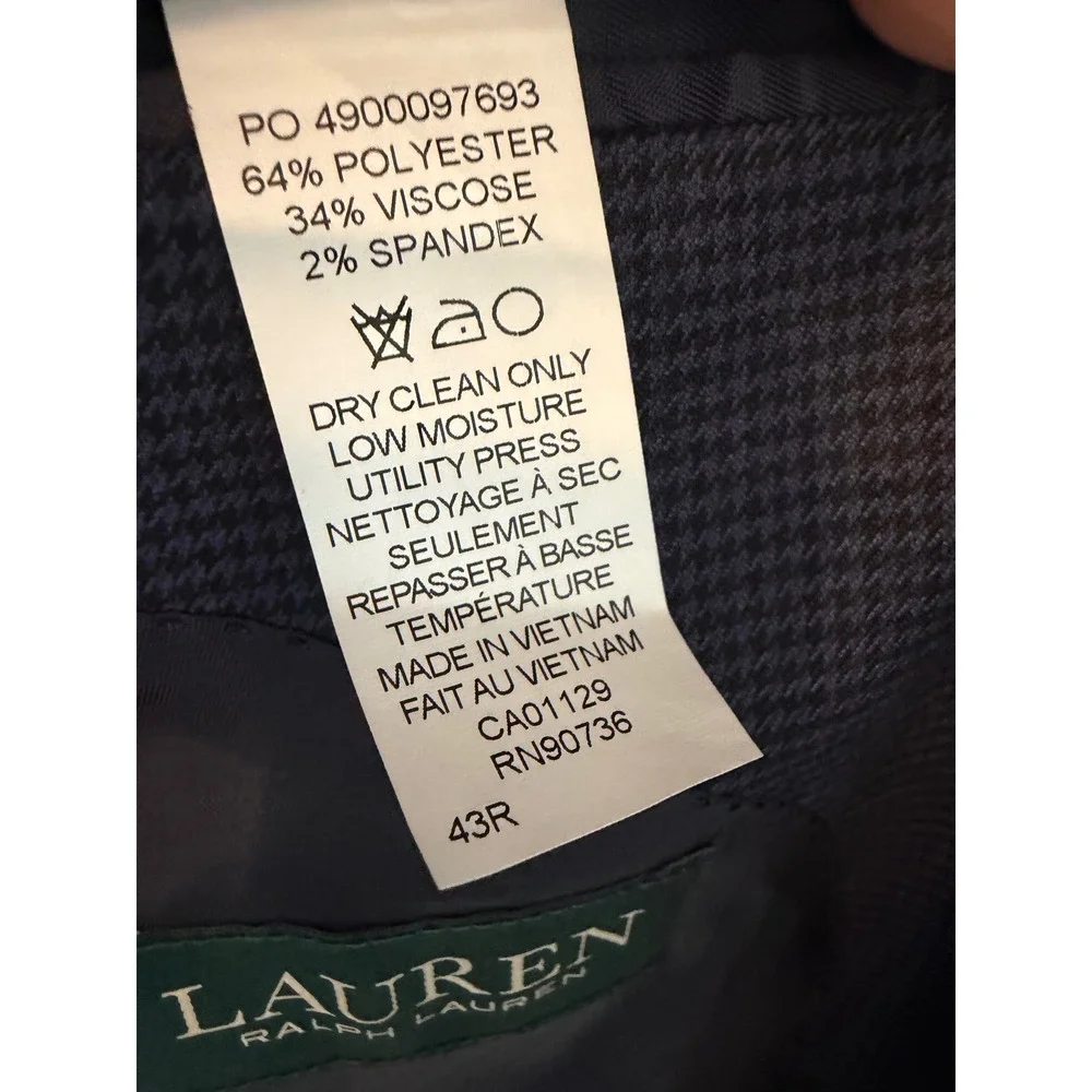 Lauren Ralph Lauren Mens Blazer 43R Navy Blue Houndstooth Sport Coat Jacket